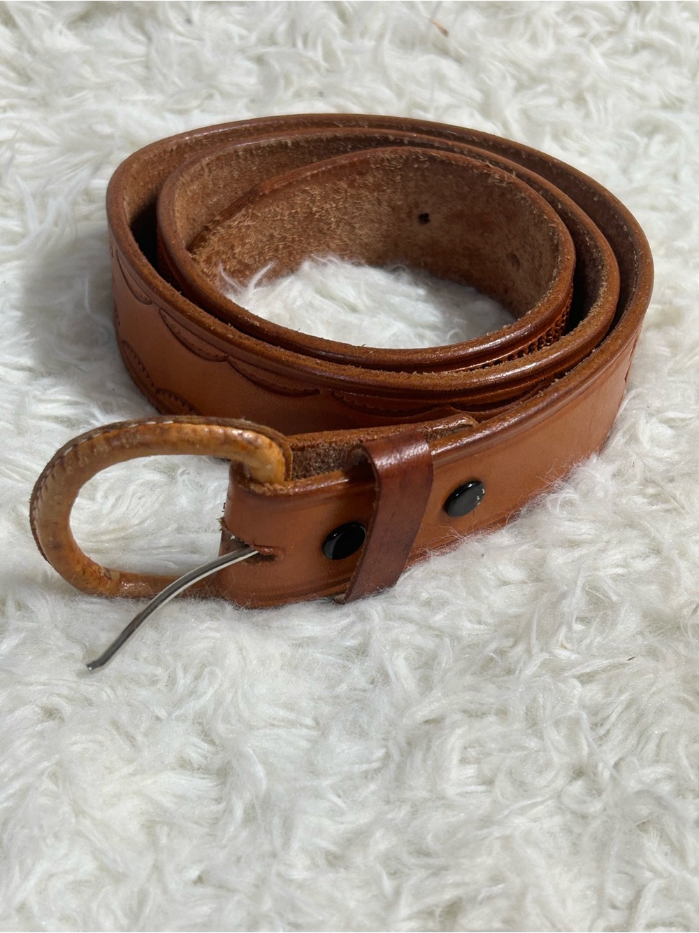 Men's Tan Leather Belt with Round Buckle